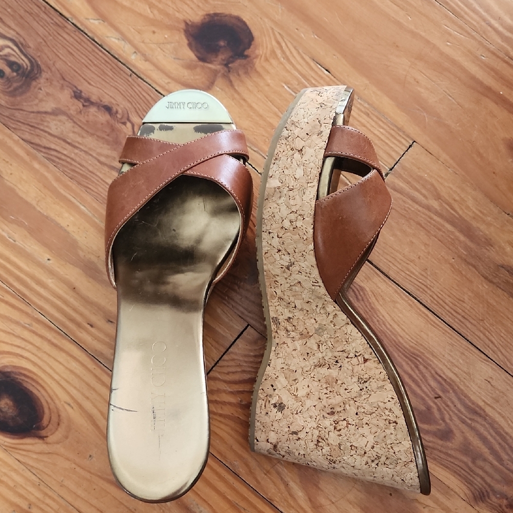 Jimmy Choo Gold and Brown Wedges Sandals 9.5